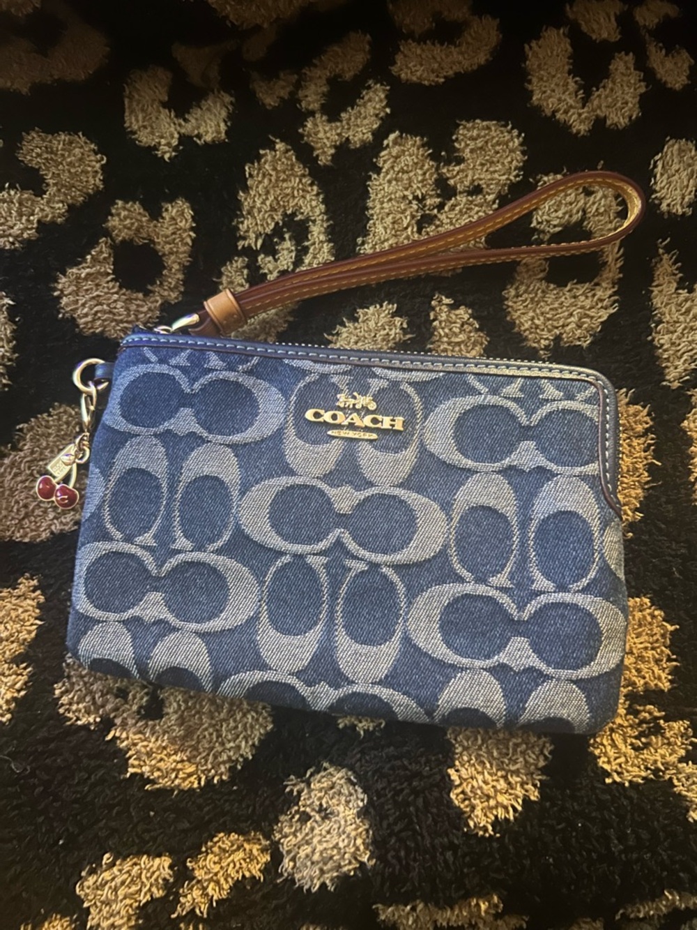 Coach Signature Denim Wristlet with Cherry